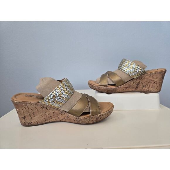 BOC Born Wedge Sandals 8M Gold Silver Slip On Comfort Slides Cork Heel Shoes - Picture 2 of 7